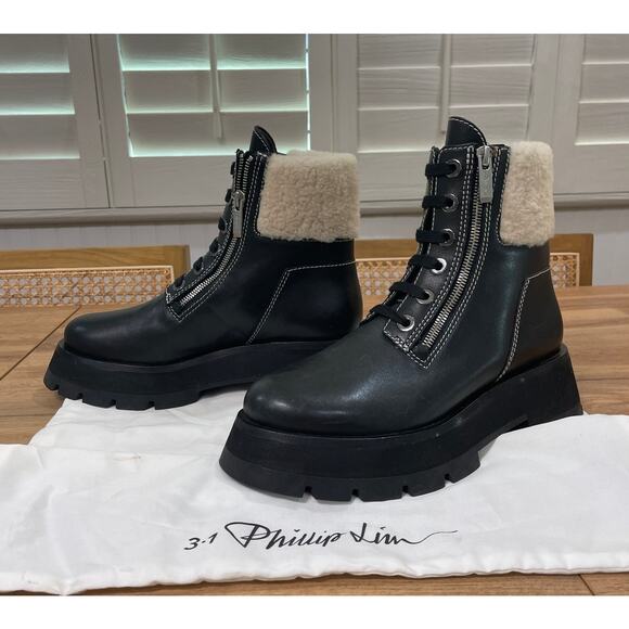 3.1 Phillip Lim Kate Lug Sole Double Zip Shearling Boots Leather 7 US 38 EU NWOB - Picture 3 of 15
